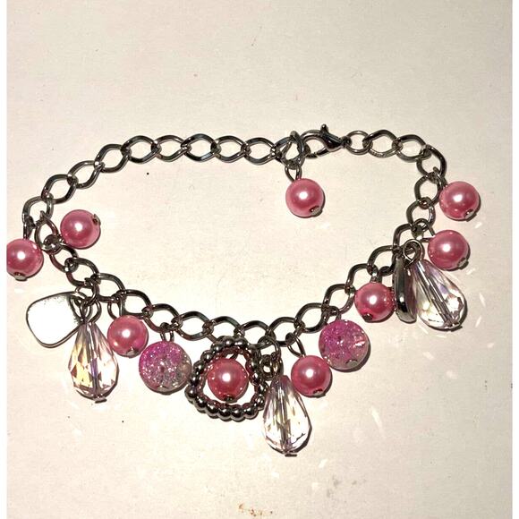 Vintage Silver Tone Pink Glass Crystal Bead Charm Bracelet Awareness B#18 - Picture 6 of 7